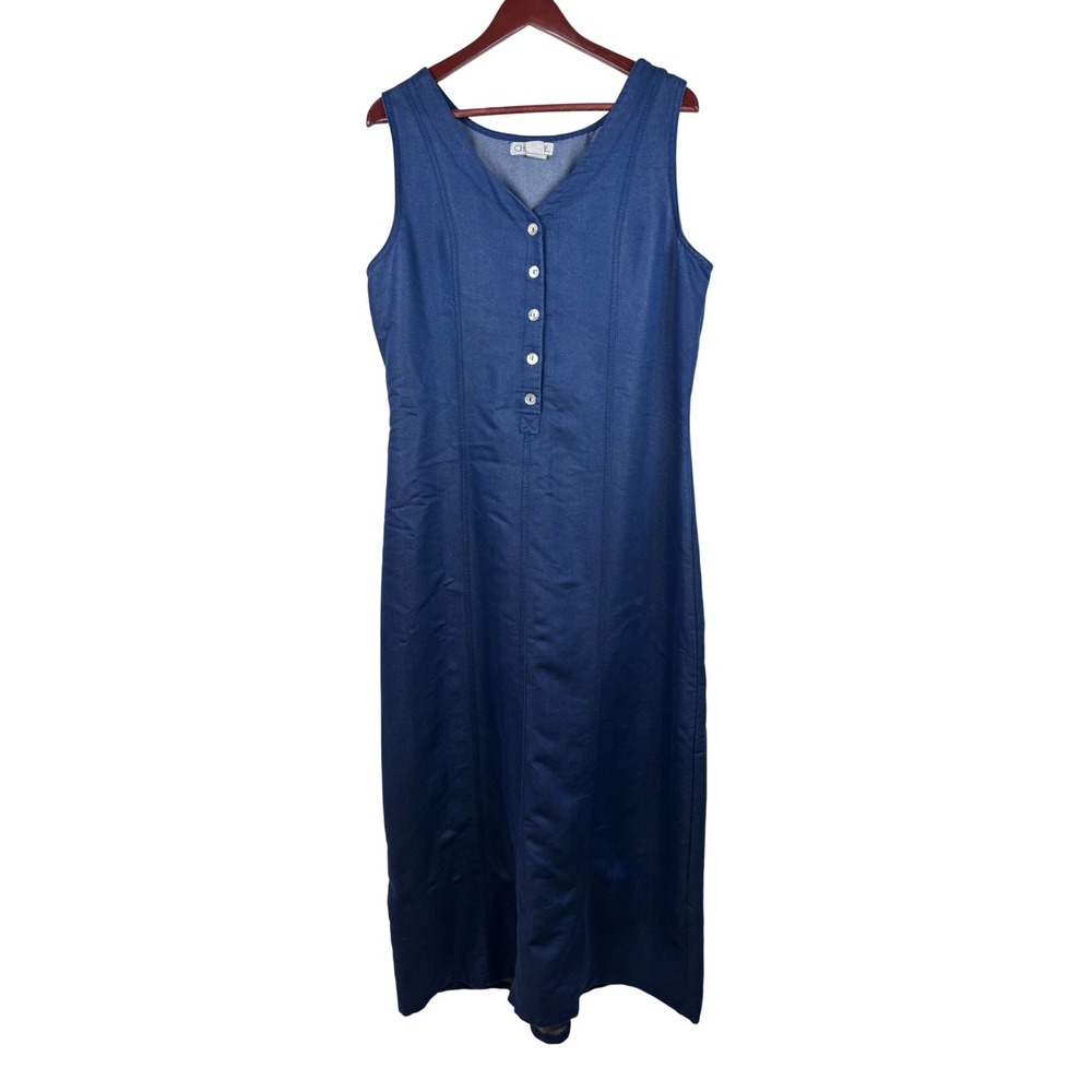 Vintage Cherokee Dress XL Blue Sleeveless Button Front Tie Back Maxi Denim Look